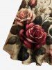 Plus Size Rose Flower Leaves Distressed Newspapaer Print Hawaii Button A Line Dress with Removable Belt -  