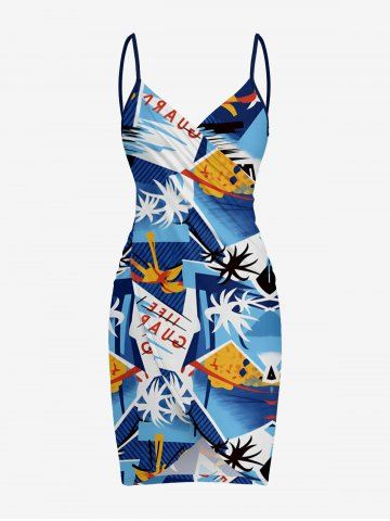 Coconut Tree Letters Print Convertible Hawaii Beach Cover - SKY BLUE - 4X