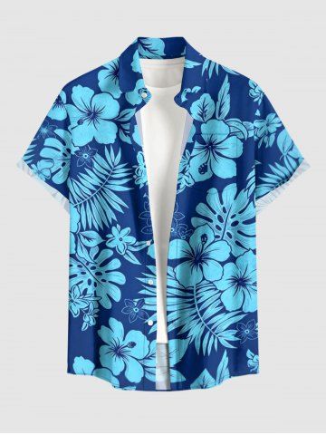 Tropical Leaf Hibiscus Flower Print Hawaii Button Pocket Shirt For Men - BLUE - 2XL