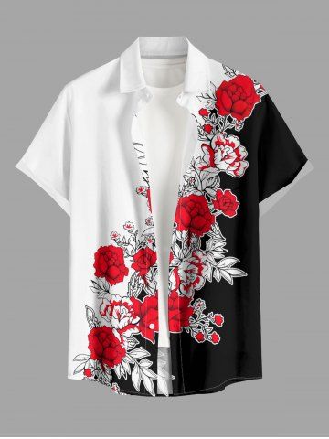 Tropical Leaf Flower Print Hawaii Button Pocket Shirt For Men - RED - M