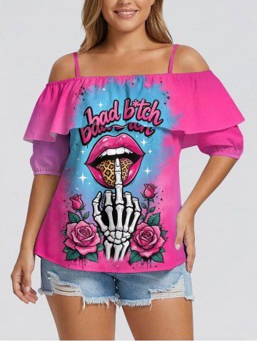 Lips Leopard Rose Flower Skeleton Claw Print Cold Shoulder Ruffles Cover Blouse - ROSE RED - 3XL