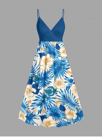 Robe hawaïenne portefeuille coupe A à imprimé feuilles tropicales et hibiscus - SKY BLUE - 4X