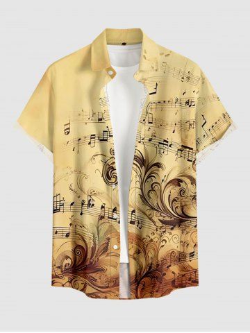 Chemise hawaïenne à boutons et poche pour homme, imprimé fleurs et symboles musicaux - LIGHT COFFEE - XL