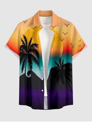 Chemise hawaïenne homme à boutons et poche, imprimé dégradé coucher de soleil et cocotiers - LIGHT ORANGE - 2XL