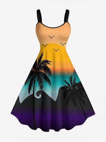 Robe trapèze hawaïenne imprimé cocotier coucher de soleil dégradé - LIGHT ORANGE - S