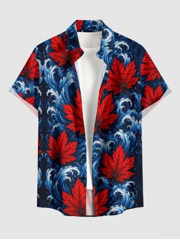 Chemise hawaïenne pour homme à imprimé feuilles et vagues, à boutons et poche - DEEP BLUE - 4XL
