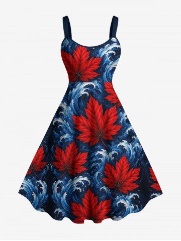 Robe ligne A à imprimé hawaïen de feuilles et vagues de mer - DEEP BLUE - S