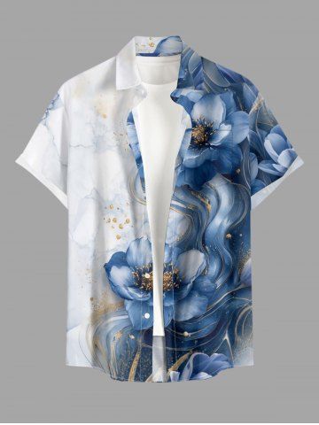 Chemise hawaïenne pour homme à imprimé peinture à l'encre florale, à boutons et poche - BLUE - M