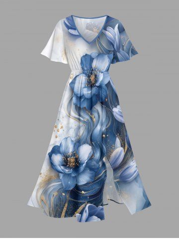 Robe midi trapèze à imprimé hawaïen de fleurs peintes à l'encre et poches fendues - BLUE - 2X