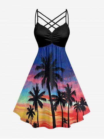 Coconut Tree Ombre Sky Print Hawaii Ruched Crisscross Strappy A Line Dress - NAVY BLUE - 6X