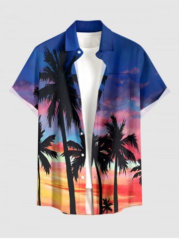 Chemise hawaïenne pour homme à poche boutonnée, imprimé cocotier et ciel ombré - NAVY BLUE - 3XL