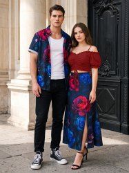 Ombre Flower Leaf Print Matching Hawaii Beach Outfit For Couples -  