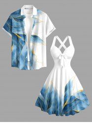 Tenue de plage hawaïenne assortie pour couple, motif feuille marbré - Bleu 