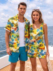 Coconut Tree Sun Ombre Print Matching Hawaii Beach Outfit For Couples -  