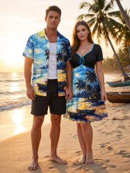 Coconut Tree Sea Sailboat Galaxy Painting Print Matching Hawaii Beach Outfit For Couples -  