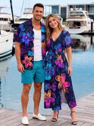 Tenue de plage hawaïenne assortie à imprimé floral dégradé pour couples - Bleu profond 