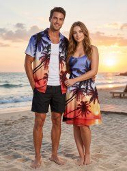 Coconut Tree Ombre Print Matching Hawaii Beach Outfit For Couples -  