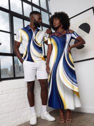 Tenue de plage hawaïenne assortie pour couples avec imprimé Curve - Bleu profond 
