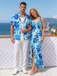 Flower Leaf Print Matching Hawaii Beach Outfit For Couples -  