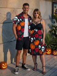 Halloween Skulls Rose Flower Pumpkin Spider Web Print Matching Outfit For Couples -  