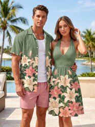 Tenue de plage hawaïenne assortie pour couple à imprimé de fleurs de lys, feuilles et branches - Vert clair 