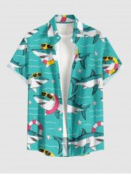 Chemise hawaïenne pour homme à imprimé requins, bouée et étoile de mer, avec boutons et poche - Turquoise 3XL