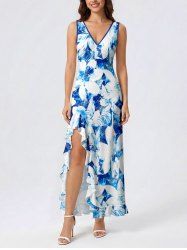 Flowers Print Hawaii Ruffles Split Surplice Dress - Bleu M