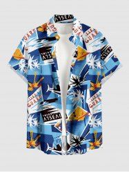 Chemise hawaïenne pour homme à imprimé cocotiers et lettres, avec boutons et poche - Bleu Ciel S