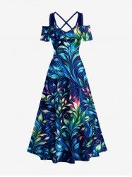 Galaxy Colorful Leaf Flower Print Cold Shoulder Crisscross Hawaii Maxi Dress -  