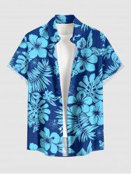 Chemise hawaïenne pour homme avec imprimé feuilles tropicales et fleurs d'hibiscus, à boutons et poche - Bleu XL