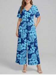 Combinaison hawaïenne à imprimé feuilles tropicales et fleurs d'hibiscus, avec poches - Bleu 3XL