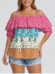 Blouse hawaïenne à imprimé crème glacée, épaules dénudées et volants - Rouge Rose 5XL