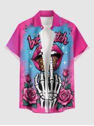 Lips Leopard Rose Flower Skeleton Claw Print Buttons Pocket Shirt For Men -  