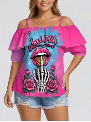 Lips Blouse couvrante à épaules dénudées et volants, à imprimé léopard, roses et griffe de squelette - Rouge Rose 5XL