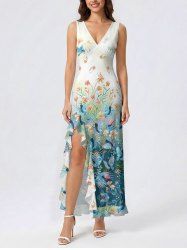 Robe portefeuille fendue à volants à imprimé hawaïen dégradé fleurs et oiseaux - Turquoise Foncée XXXL