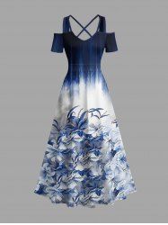 Robe maxi hawaïenne à épaules dénudées entrecroisées, avec imprimé à fleurs dégradé - Bleu profond 6X