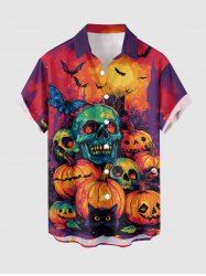 Halloween Pumpkin Skulls Bat Butterfly Cat Print Button Pocket Shirt For Men -  