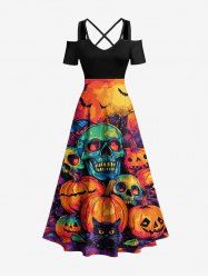 Halloween Pumpkin Skulls Bat Butterfly Cat Print Cold Shoulder Crisscross Strappy A Line Dress -  