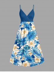 Robe trapèze portefeuille hawaïenne à imprimé feuilles tropicales et fleurs d'hibiscus - Bleu Ciel 6X