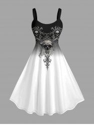 Skulls Floral Ombre Print Hawaii Tank Dress(Adjustable Shoulder Strap) -  