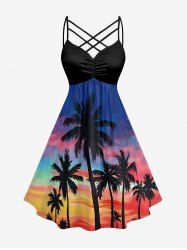 Coconut Tree Ombre Sky Print Hawaii Ruched Crisscross Strappy A Line Dress -  