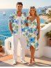 Ensemble assorti plage Hawaï pour couple à imprimé cocotier et fleurs d'hibiscus - Bleu Ciel 