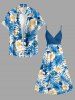 Robe trapèze portefeuille hawaïenne à imprimé feuilles tropicales et fleurs d'hibiscus - Bleu Ciel 6X