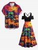 Halloween Pumpkin Skulls Bat Butterfly Cat Print Cold Shoulder Crisscross Strappy A Line Dress -  