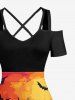 Halloween Pumpkin Skulls Bat Butterfly Cat Print Cold Shoulder Crisscross Strappy A Line Dress -  