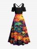 Halloween Pumpkin Skulls Bat Butterfly Cat Print Cold Shoulder Crisscross Strappy A Line Dress -  