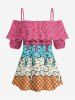 Blouse hawaïenne à imprimé crème glacée, épaules dénudées et volants - Rouge Rose 5XL