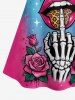 Lips Blouse couvrante à épaules dénudées et volants, à imprimé léopard, roses et griffe de squelette - Rouge Rose 5XL