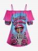 Lips Blouse couvrante à épaules dénudées et volants, à imprimé léopard, roses et griffe de squelette - Rouge Rose 5XL