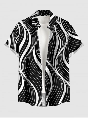 Chemise hawaïenne homme à imprimé rayures courbes, avec boutons et poche - BLACK - 6XL